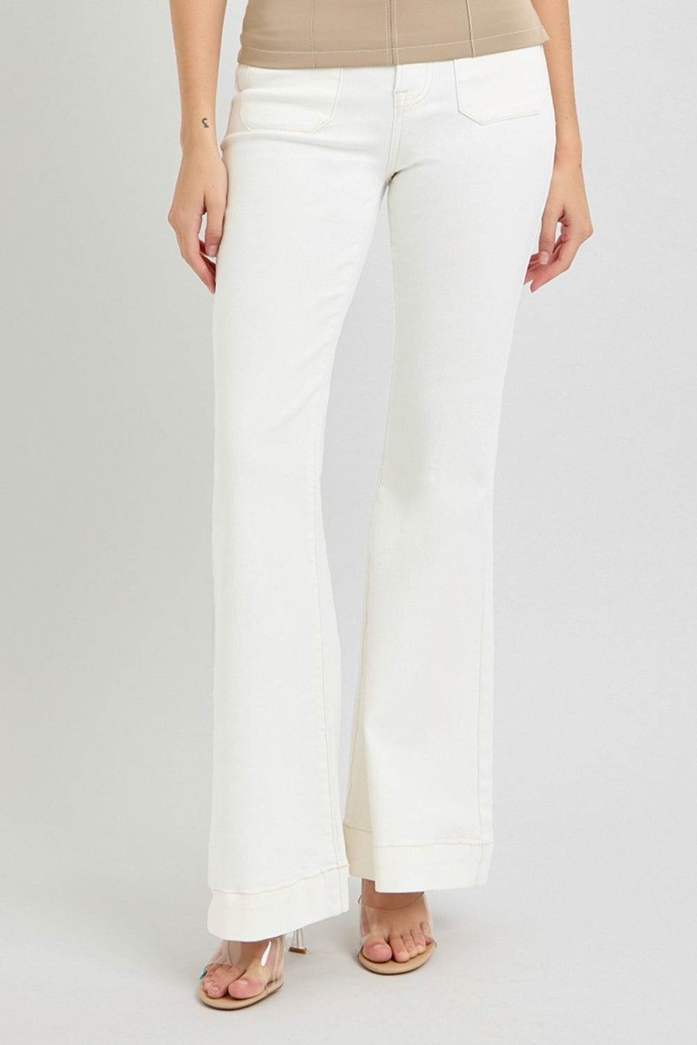 RISEN Full Size High Rise Front Patch Pocket Flare Jeans - Delanoir