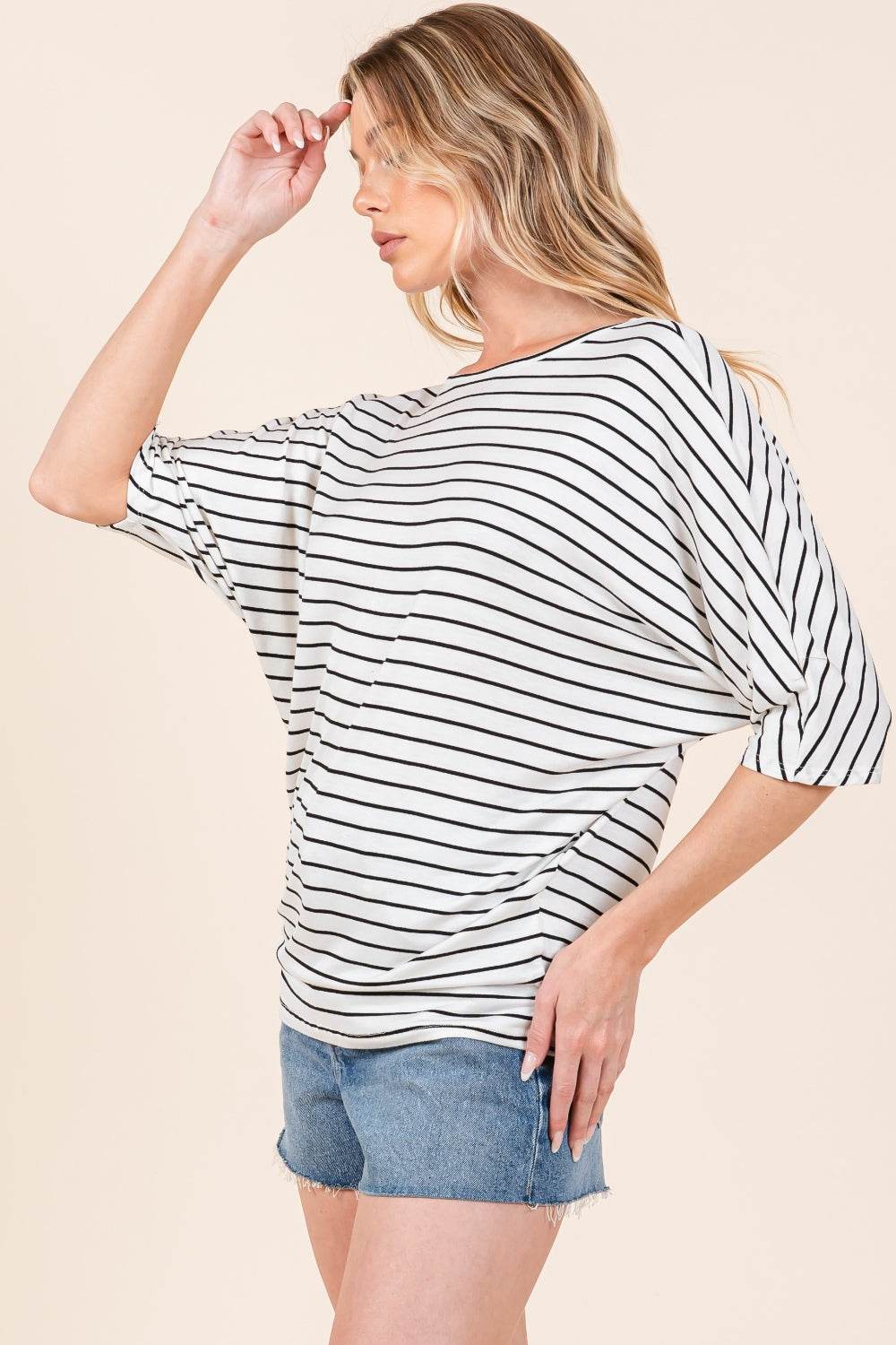 BOMBOM Striped Boat Neck Dolman Sleeve Top - Delanoir