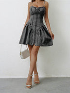 Ruched Zip Up Spaghetti Strap Denim Dress - Delanoir