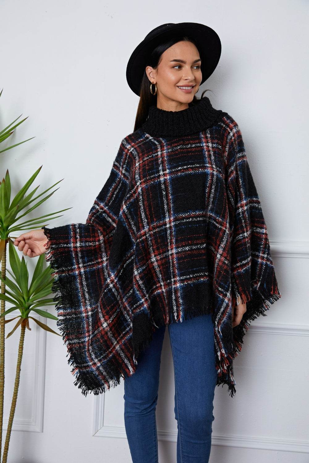 Shiny Turtleneck Plaid Raw Hem Sweater - Delanoir