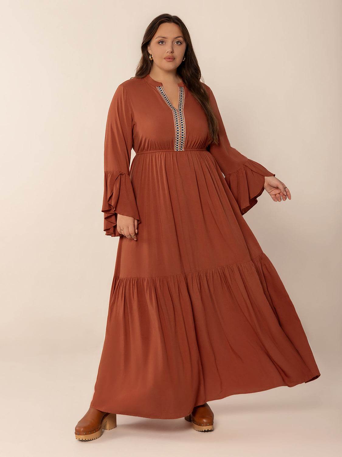 Plus Size Ruffled Notched Long Sleeve Midi Dress - Delanoir