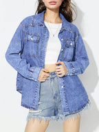 Curved Hem Collared Neck Denim Top - Delanoir
