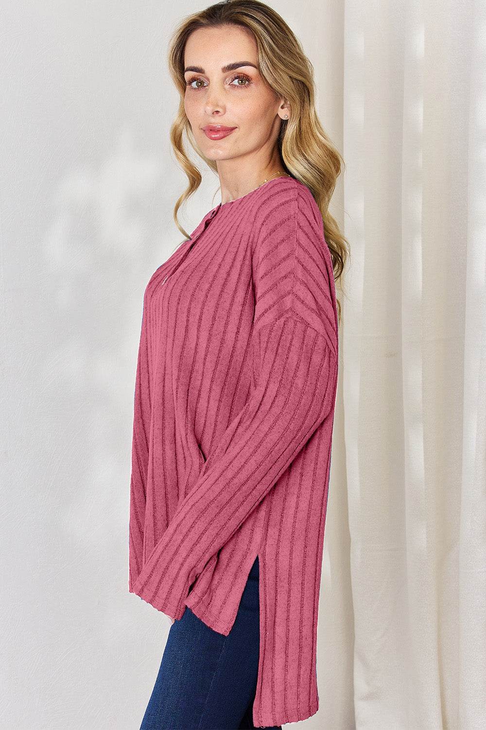 Basic Bae Full Size Ribbed Half Button Long Sleeve High-Low T-Shirt - Delanoir