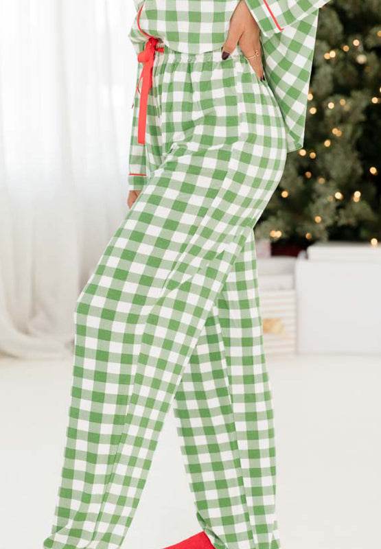 Plaid Collared Neck Long Sleeve Top and Pants Set - Delanoir
