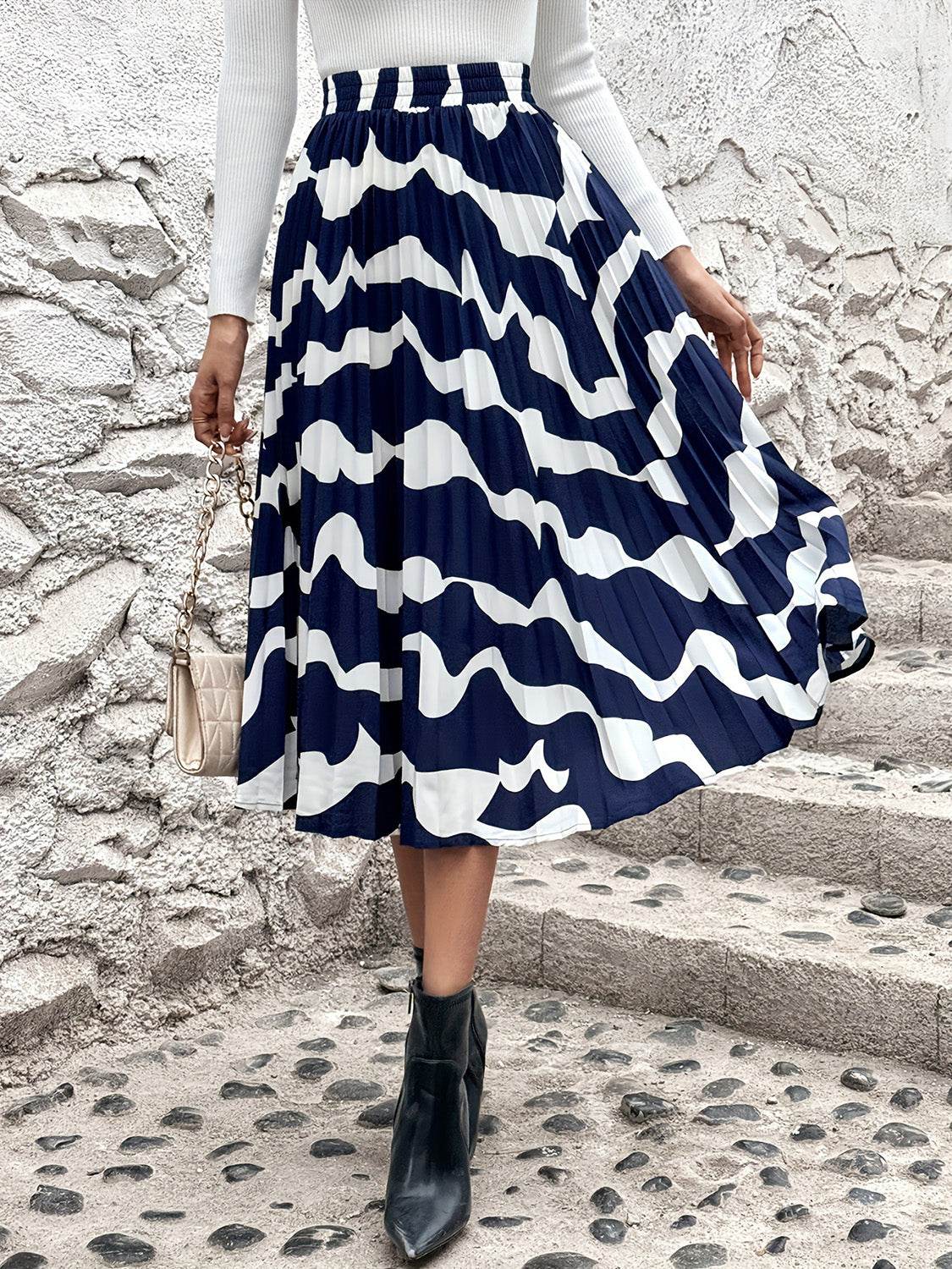 Pleated Printed Elastic Waist Skirt - Delanoir