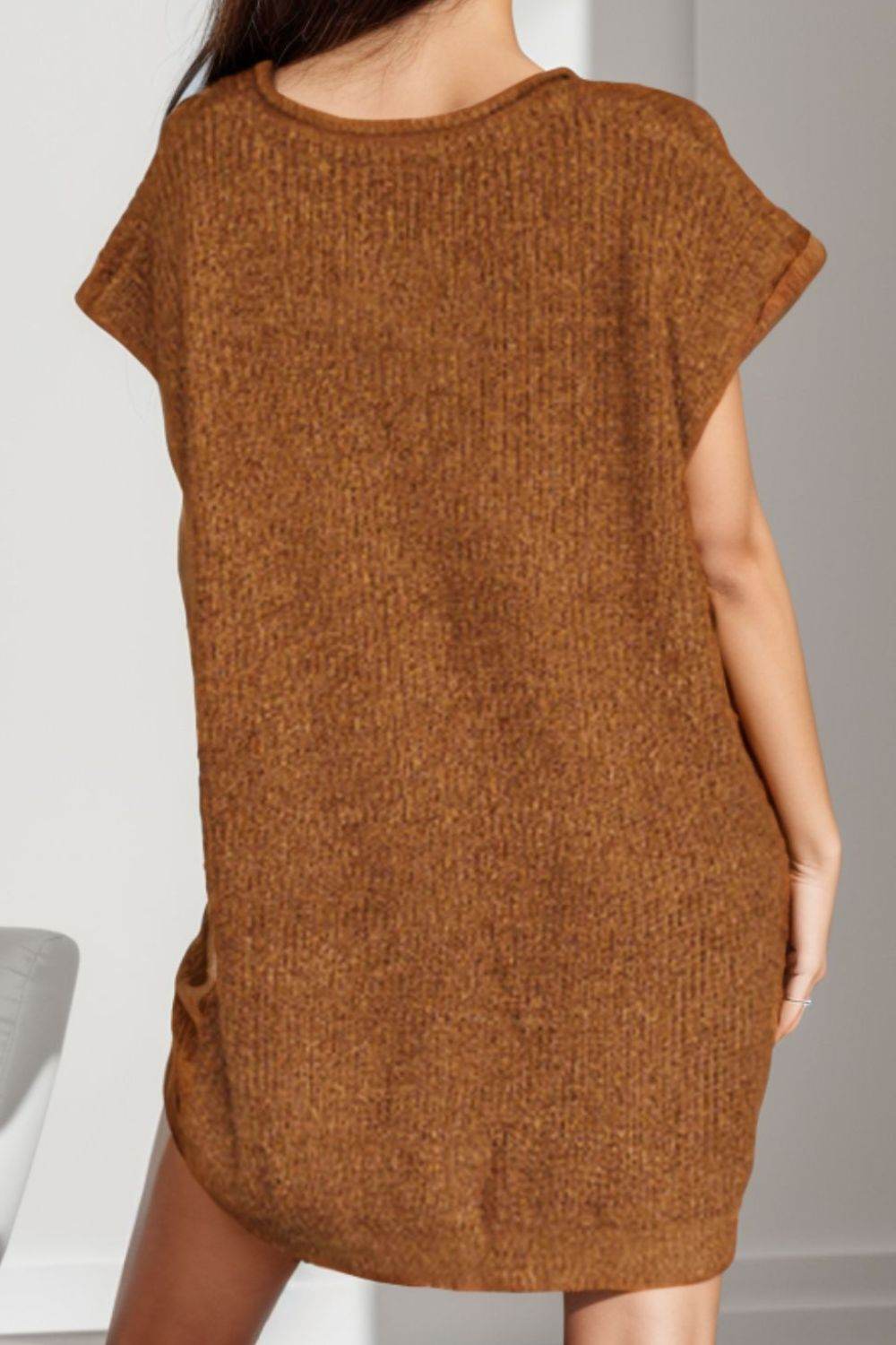 Notched Cap Sleeve Mini Sweater Dress - Delanoir