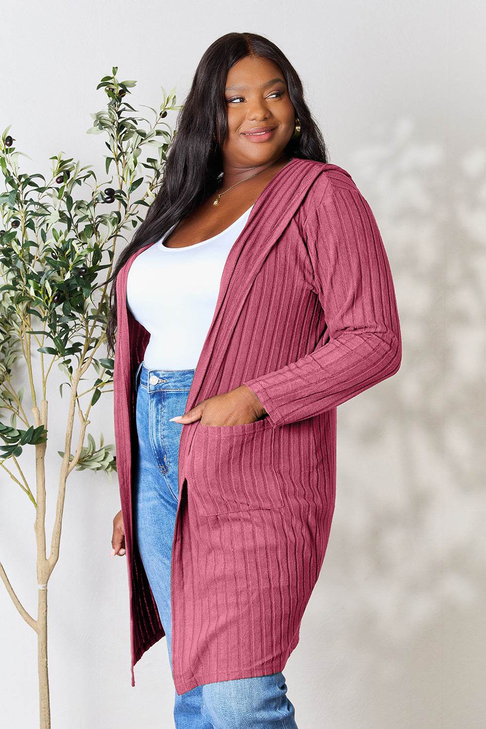 Basic Bae Full Size Hooded Sweater Cardigan - Delanoir