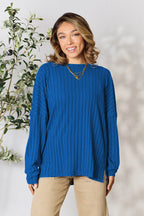 Basic Bae Full Size Ribbed Round Neck Slit Knit Top - Delanoir