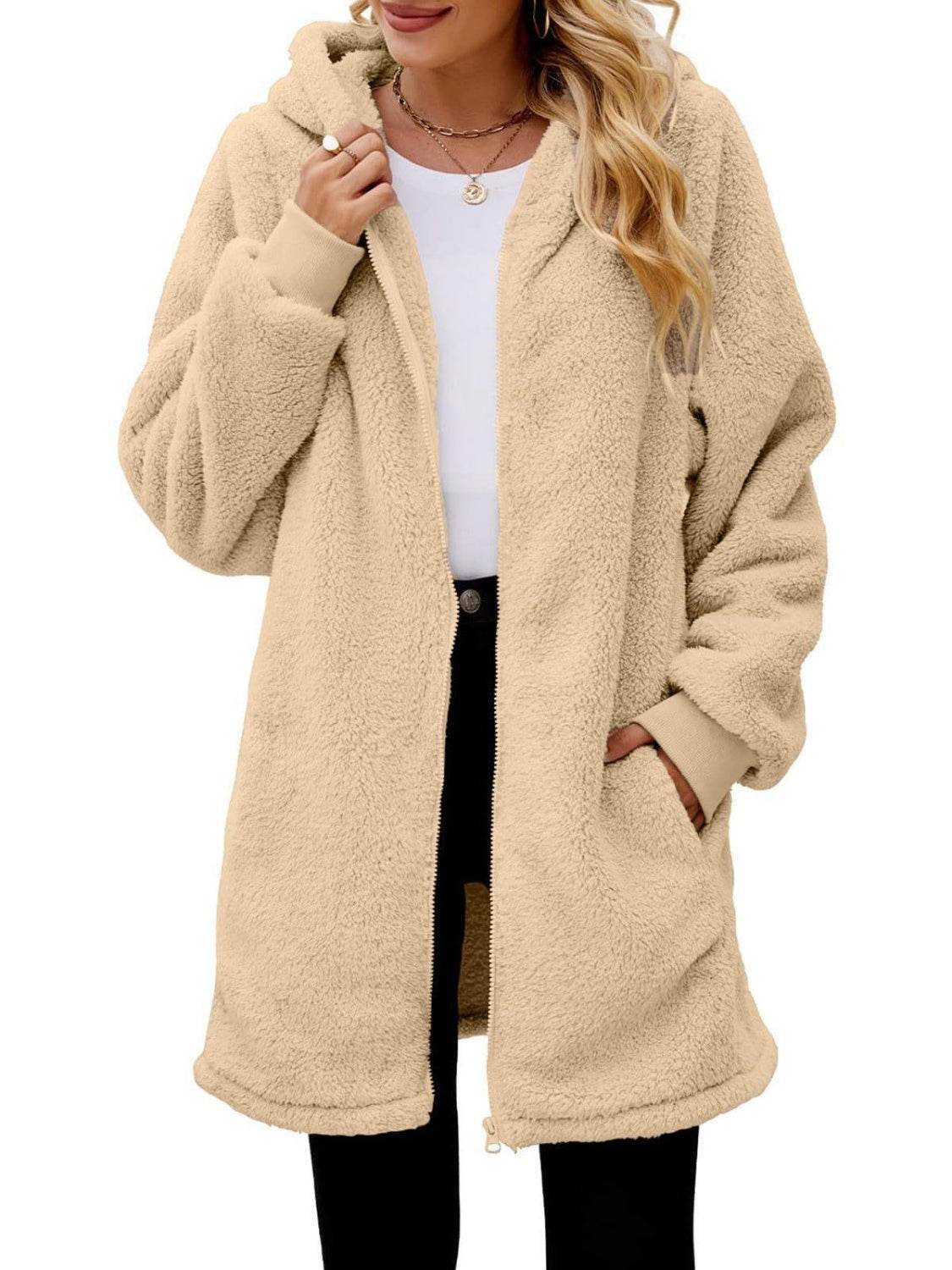 Fuzzy Pocketed Zip Up Long Sleeve Hooded Jacket - Delanoir