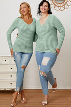 Basic Bae Full Size Ribbed V-Neck Long Sleeve T-Shirt - Delanoir