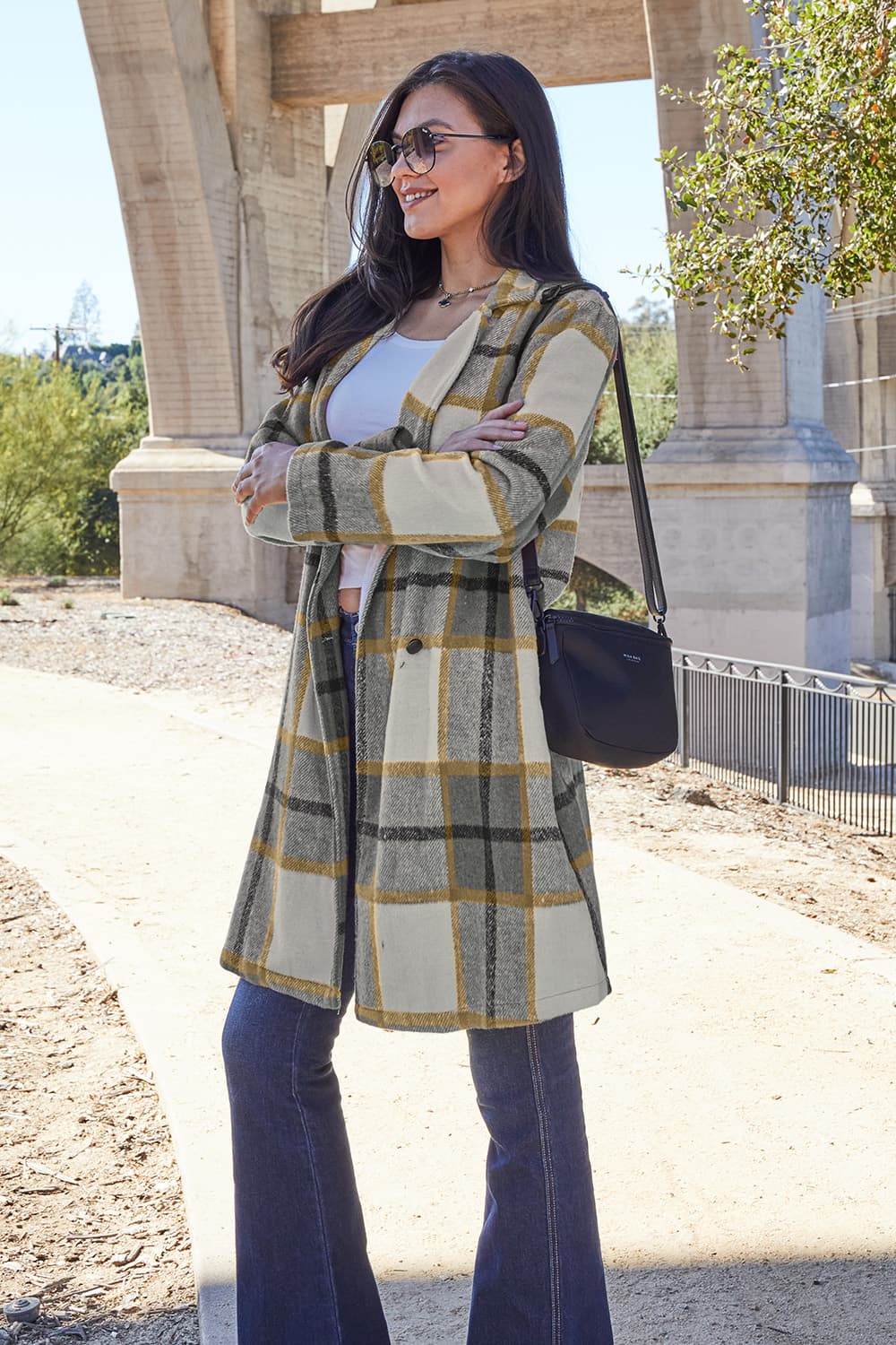 Double Take Full Size Plaid Button Up Lapel Collar Coat - Delanoir