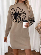 Perfee Flower Mock Neck Long Sleeve Sweater Dress - Delanoir