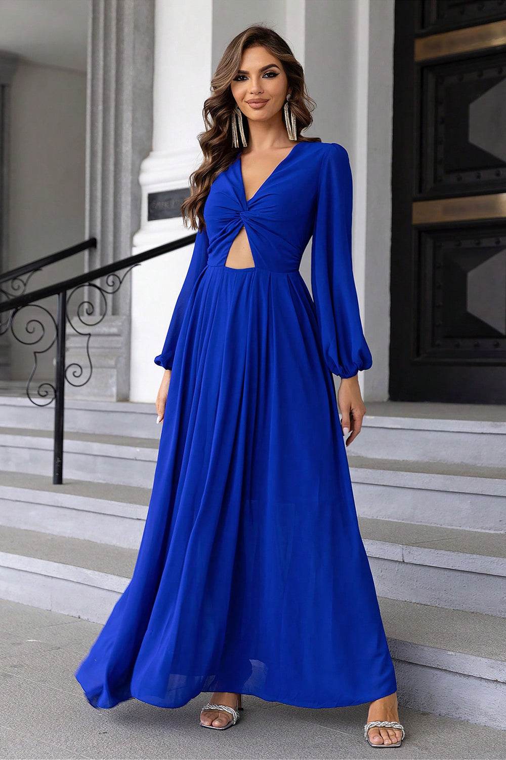 Twist Front Cutout Long Sleeve Dress - Delanoir