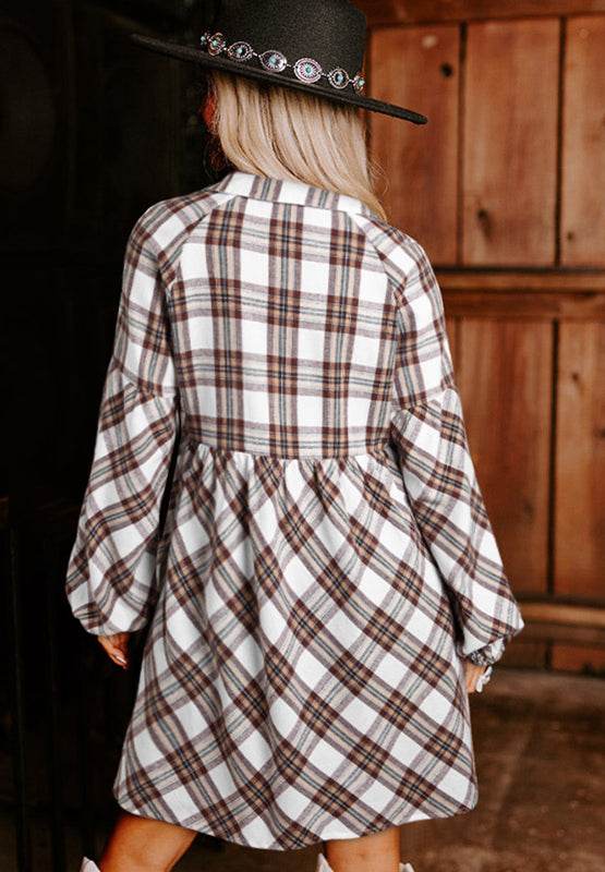 Full Size Plaid Collared Neck Balloon Sleeve Mini Shirt Dress - Delanoir