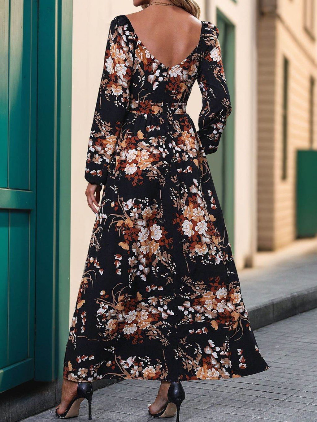 Perfee Slit Printed Surplice Long Sleeve Maxi Dress - Delanoir