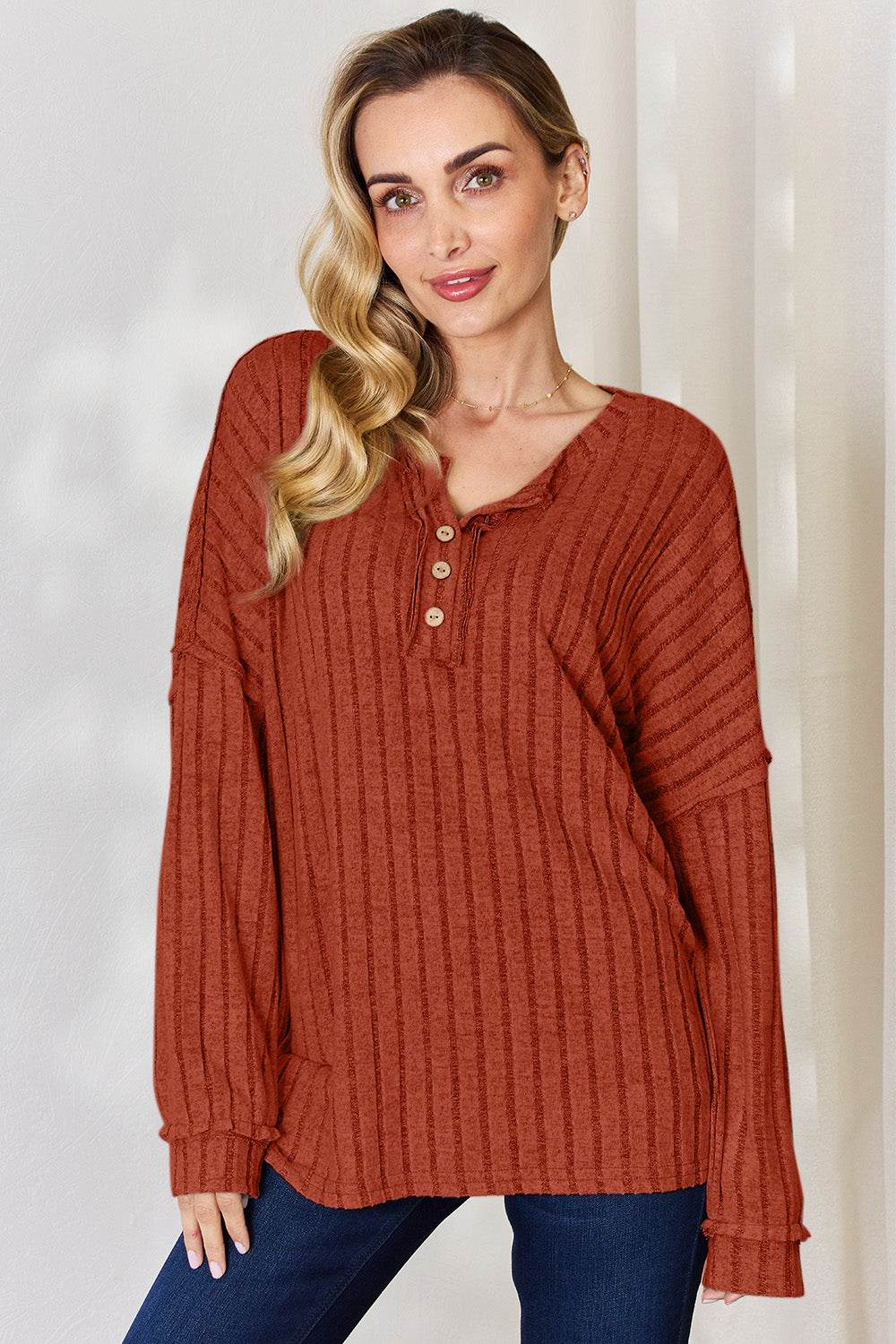 Basic Bae Full Size Ribbed Half Button Long Sleeve T-Shirt - Delanoir
