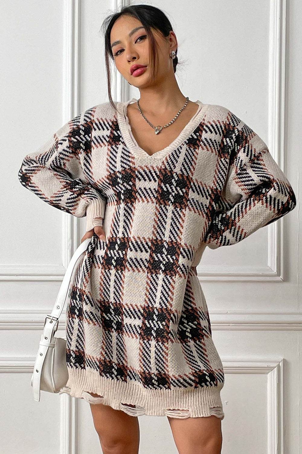 Plaid V-Neck Long Sleeve Sweater Dress - Delanoir