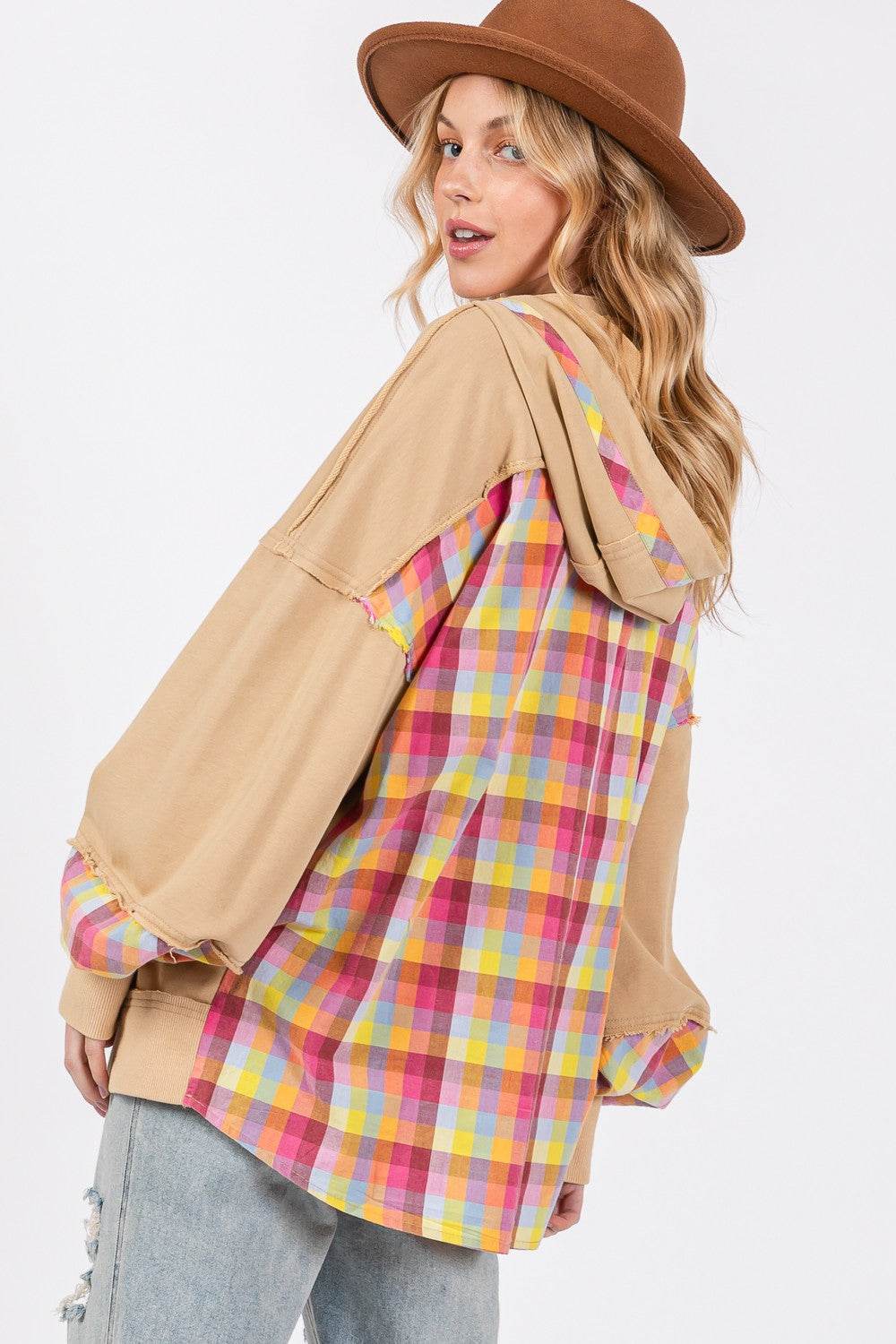 SAGE + FIG Full Size Plaid Print Washed Hoodie - Delanoir