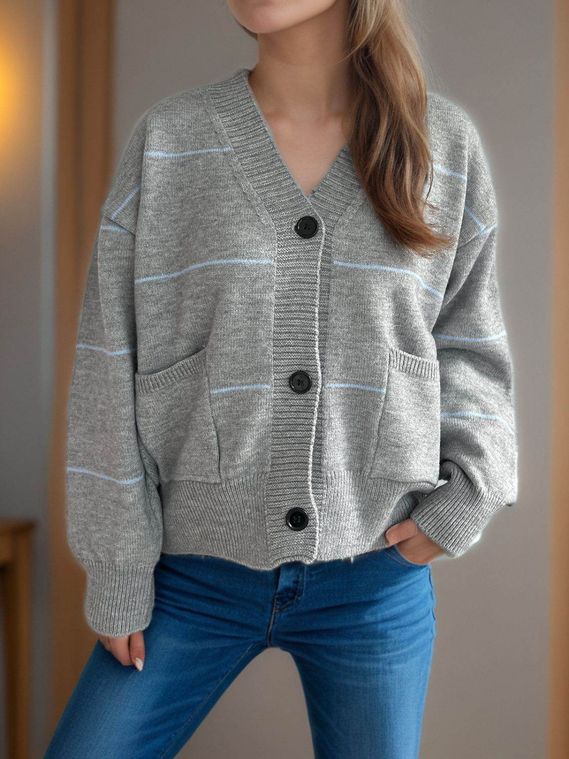 Striped Button Down V-Neck Long Sleeve Cardigan - Delanoir