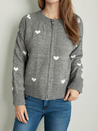 Heart Round Neck Zip Up Cardigan - Delanoir