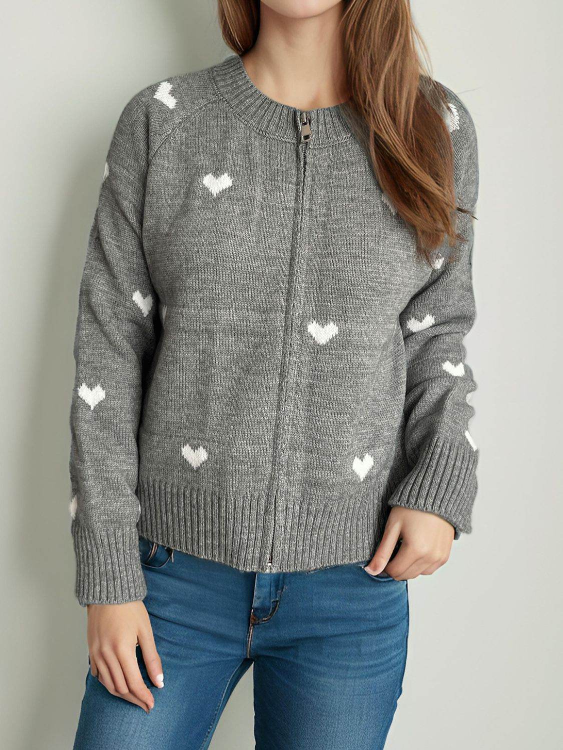 Heart Round Neck Zip Up Cardigan - Delanoir