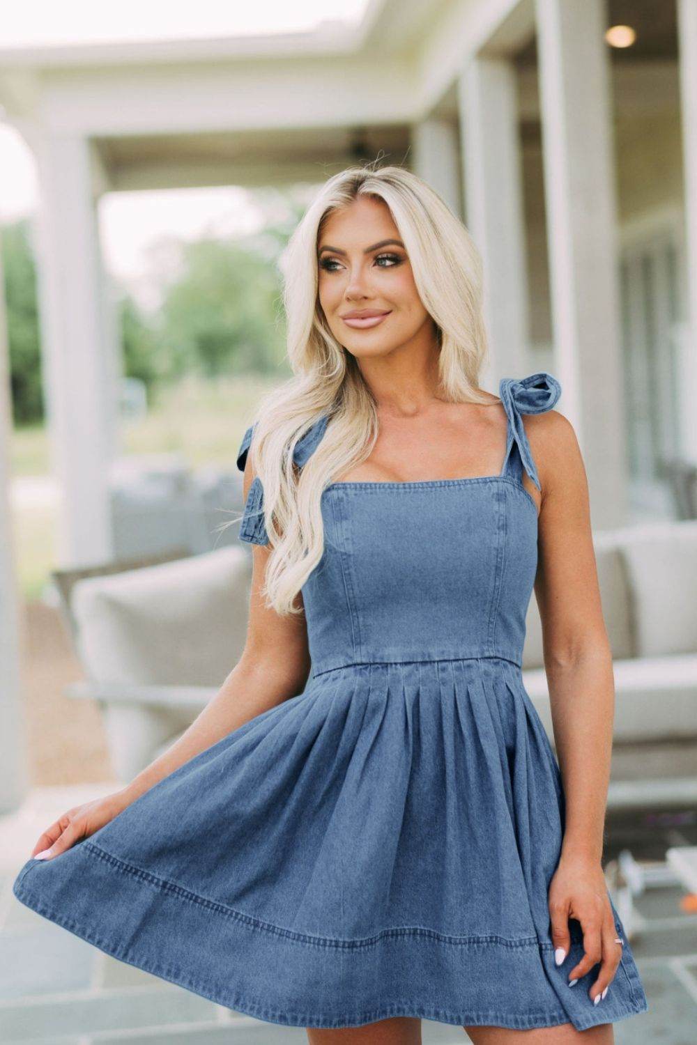 Square Neck Tie Shoulder Denim Dress - Delanoir