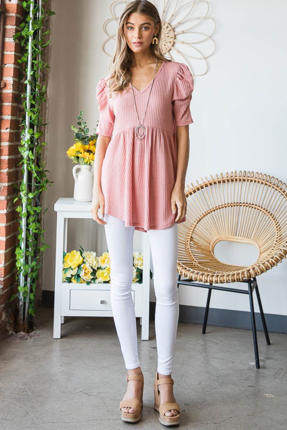 Heimish Full Size Waffle Knit V-Neck Babydoll Top - Delanoir