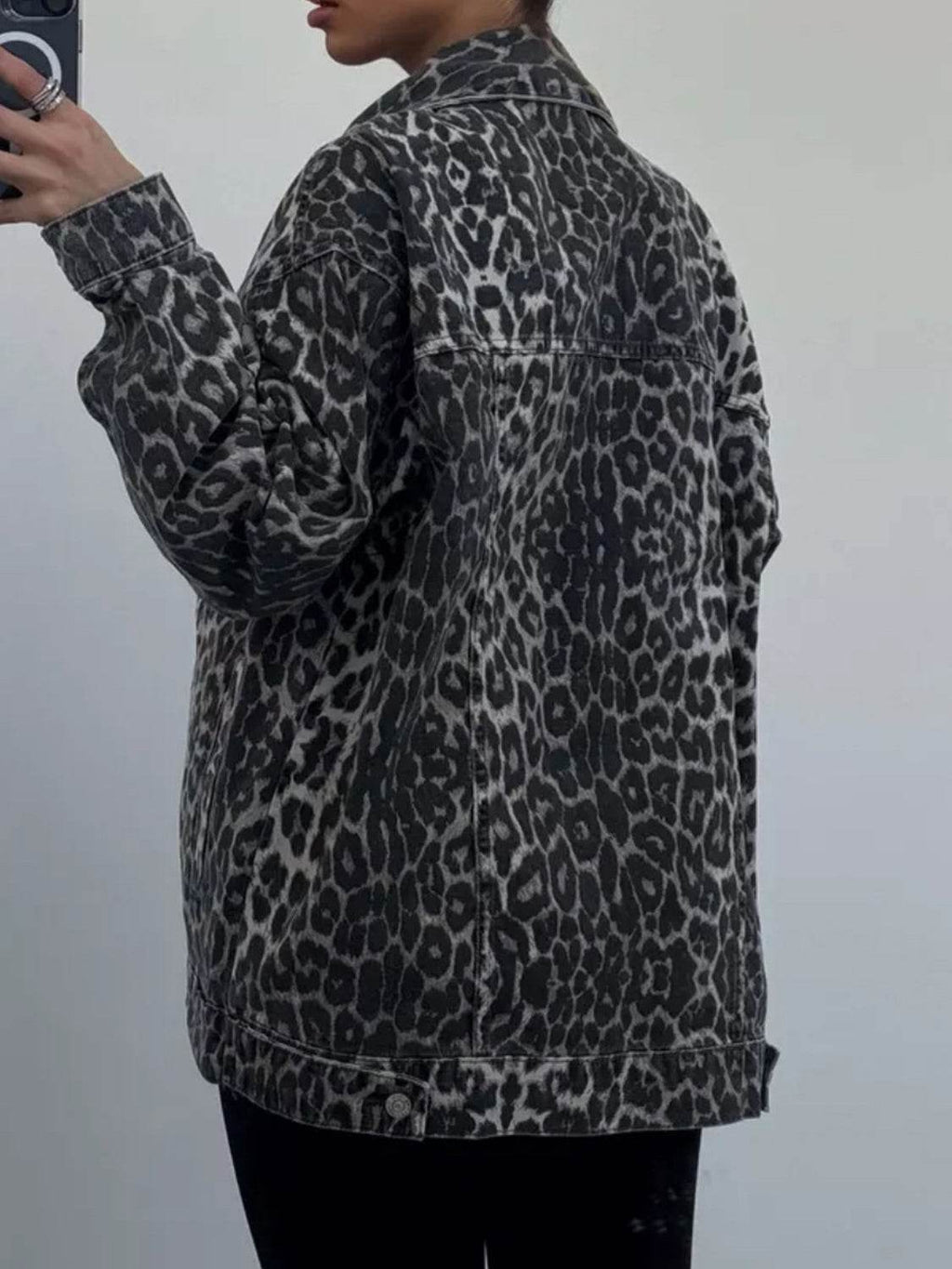 Leopard Button Up Long Sleeve Denim Top - Delanoir
