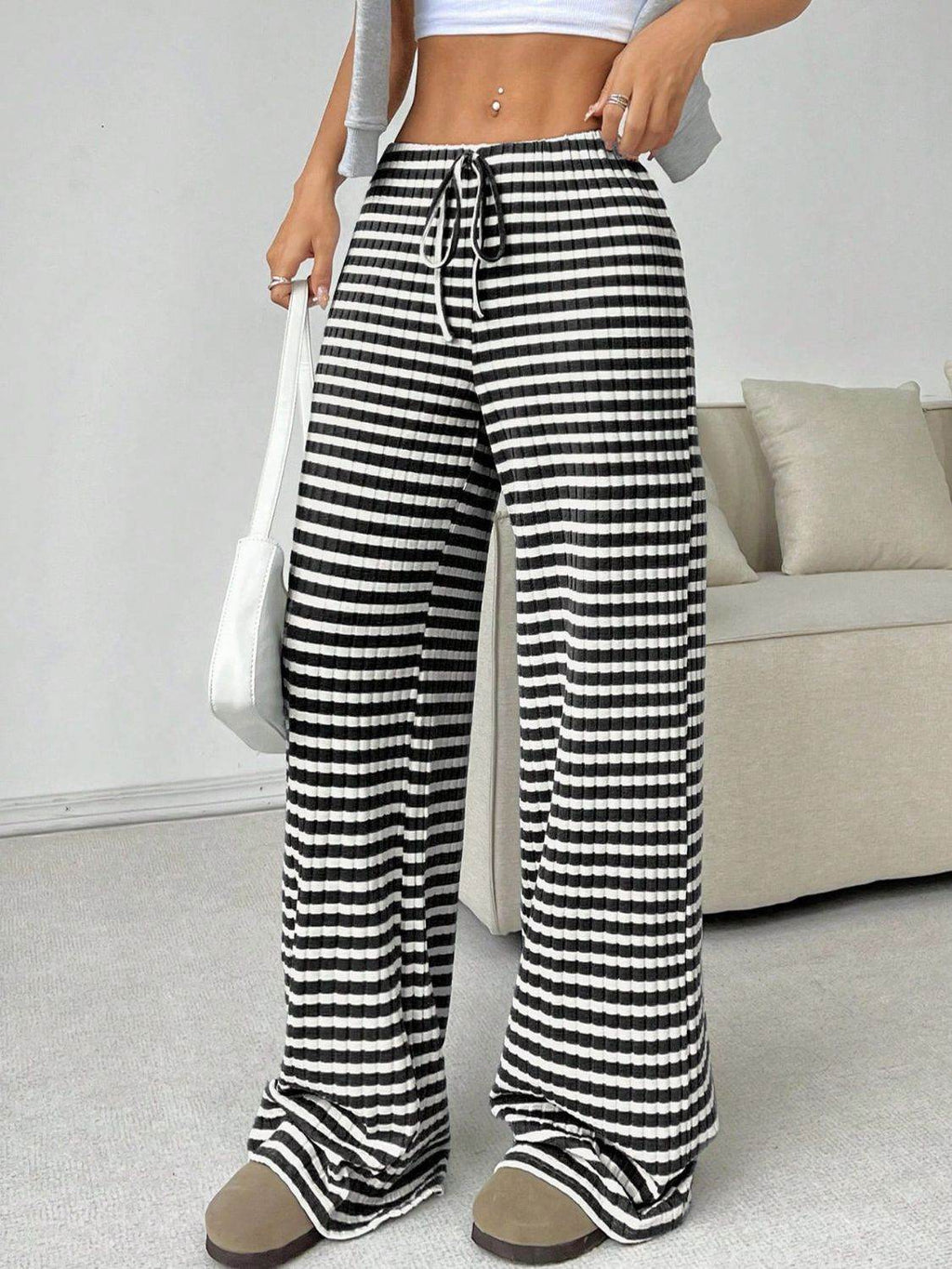 Tied Striped Wide Leg Pants - Delanoir
