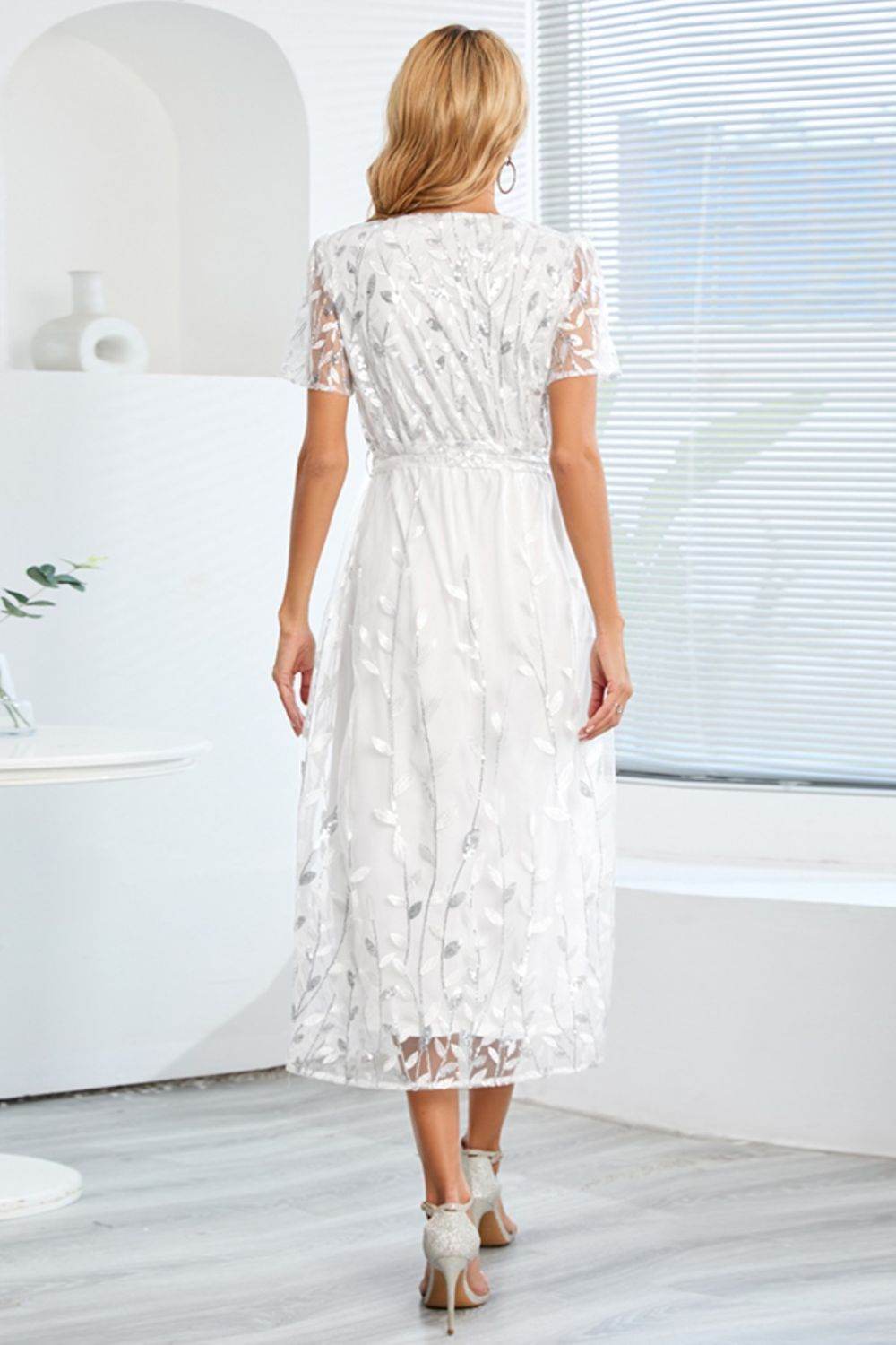Sequin Leaf Embroidery Tie Front Short Sleeve Dress - Delanoir