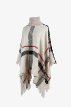 Plaid Turtleneck Raw Hem Poncho - Delanoir