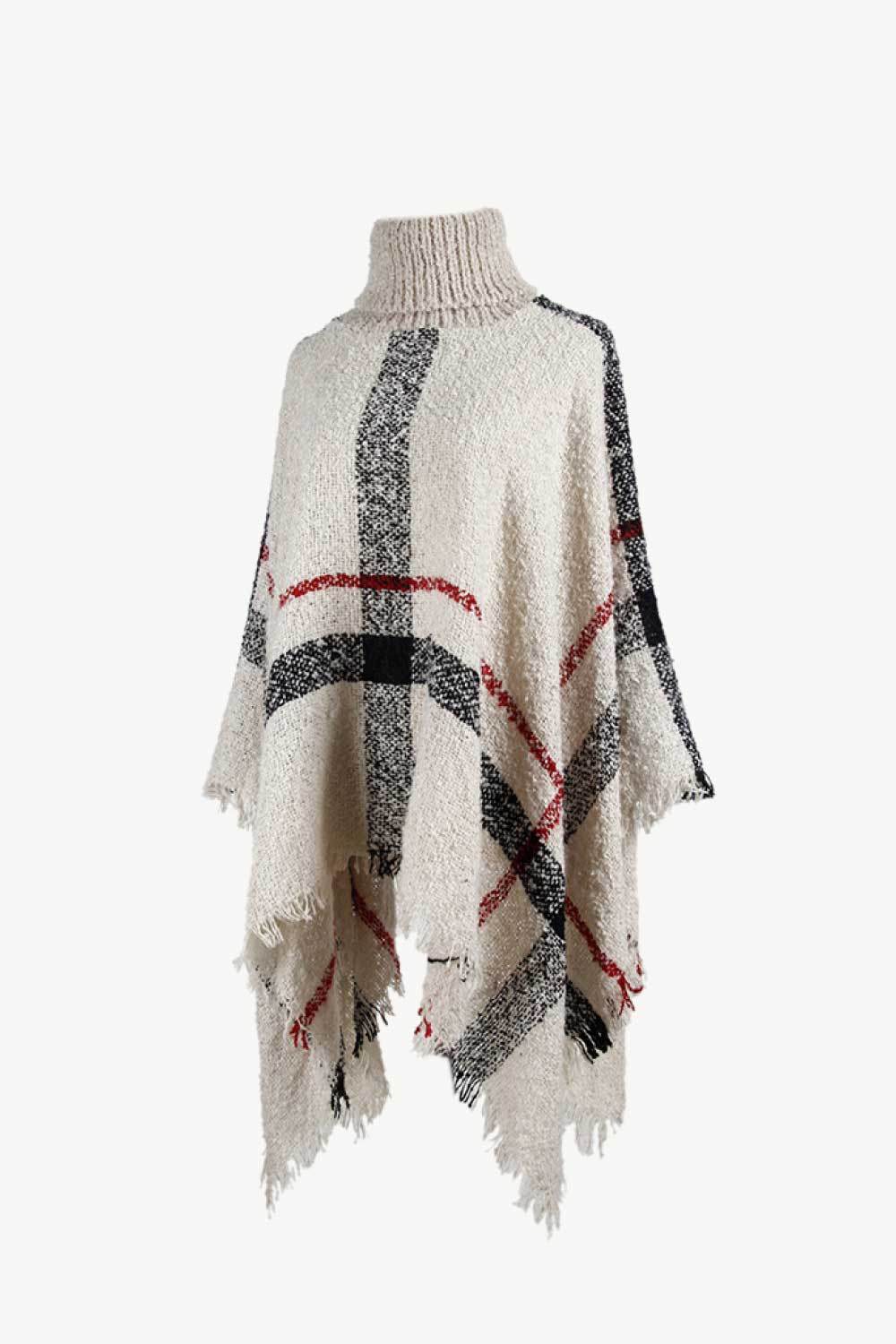 Plaid Turtleneck Raw Hem Poncho - Delanoir