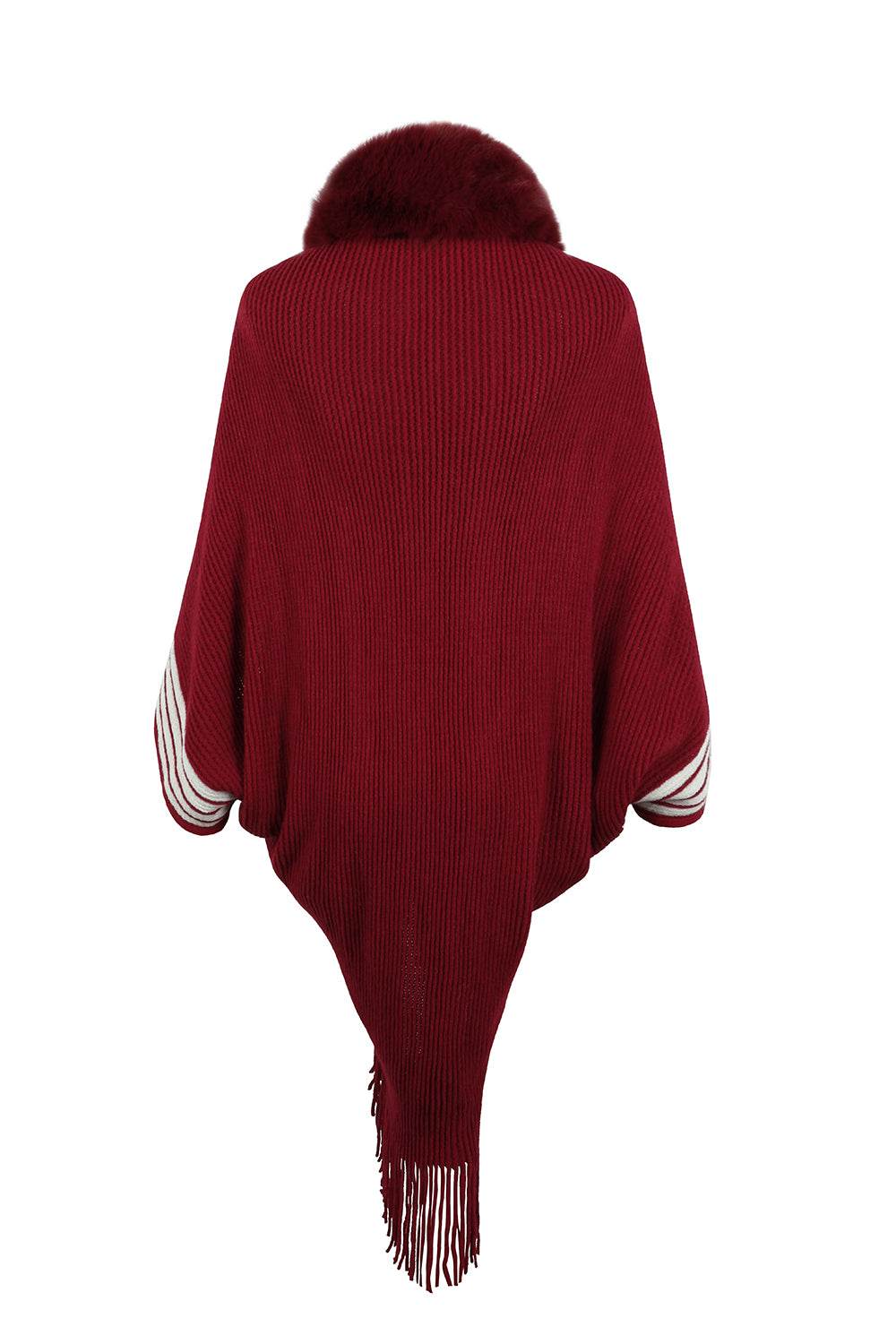 Striped Fringe Detail Long Sleeve Poncho - Delanoir