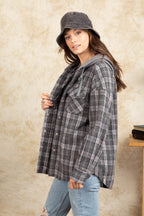 Drawstring Plaid Long Sleeve Hooded Jacket - Delanoir