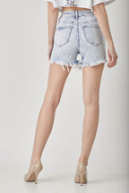 RISEN Raw Hem Distressed High Rise Denim Shorts - Delanoir