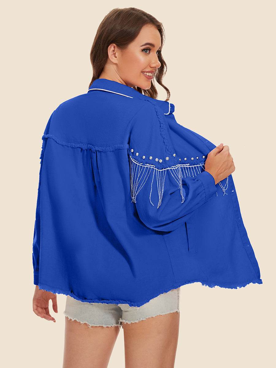 Raw Hem Fringe Detail Denim Jacket - Delanoir