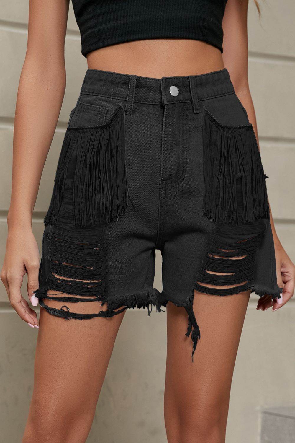 Fringe Trim Distressed Denim Shorts with Pockets - Delanoir
