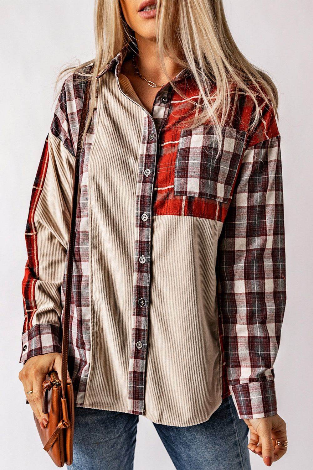 Plaid Patchwork Collared Neck Shacket - Delanoir