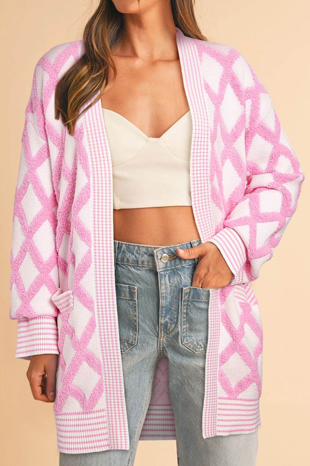 Geometric Open Front Long Sleeve Cardigan - Delanoir