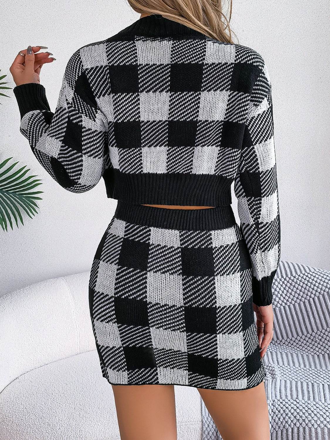 Plaid Round Neck Top and Skirt Sweater Set - Delanoir