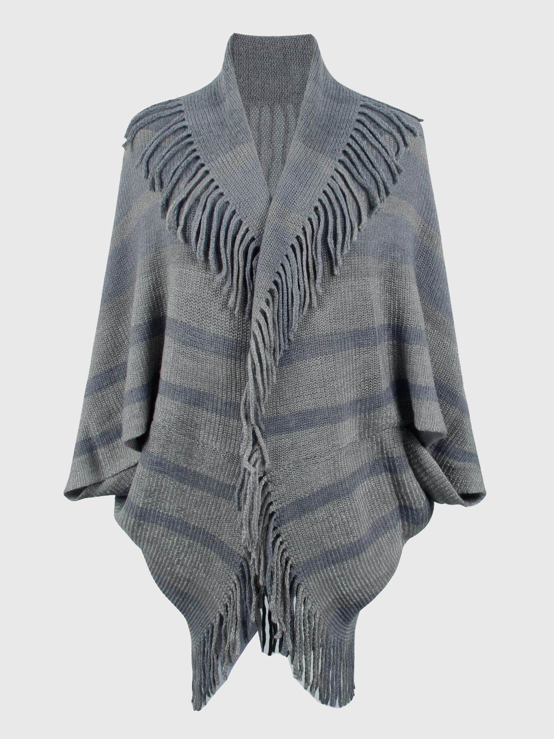 Fringe Detail Open Front Poncho - Delanoir