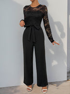 Perfee Lace Round Neck Long Sleeve Jumpsuit - Delanoir