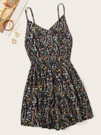 Printed V-Neck Spaghetti Strap Romper - Delanoir