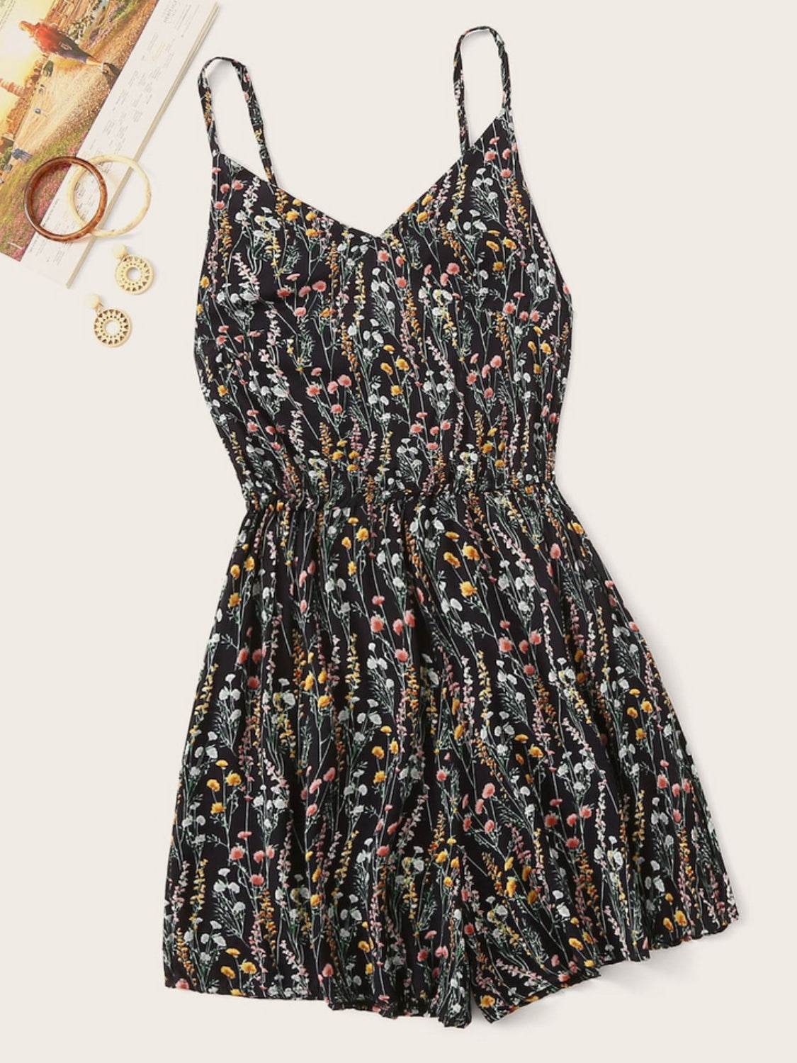 Printed V-Neck Spaghetti Strap Romper - Delanoir