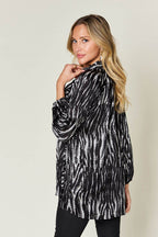 Double Take Full Size Printed Button Up Long Sleeve Shirt - Delanoir