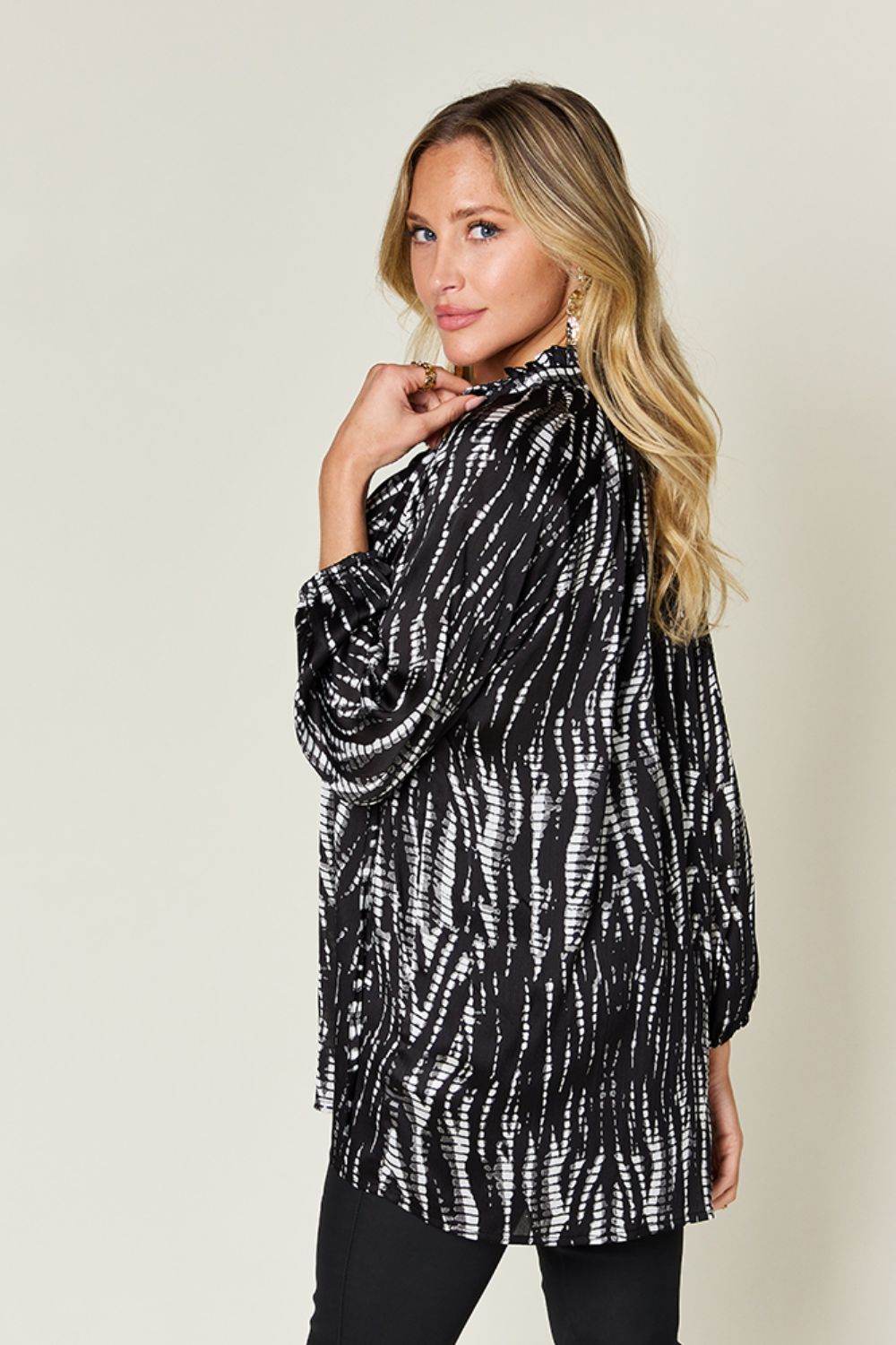 Double Take Full Size Printed Button Up Long Sleeve Shirt - Delanoir