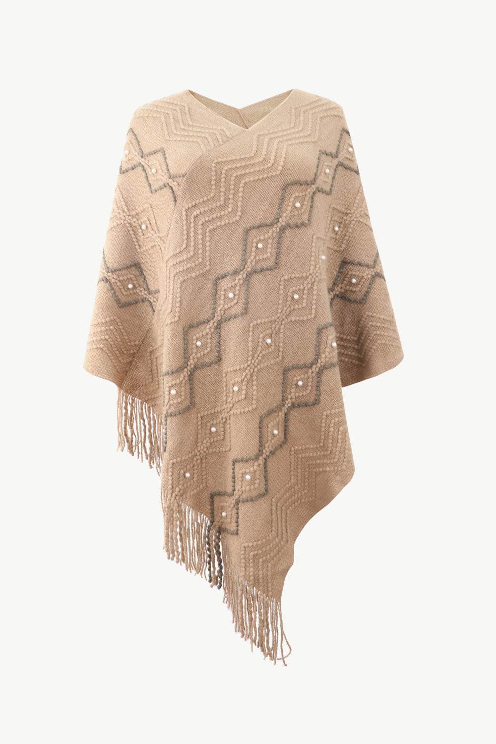 Pearl Trim V-Neck Fringe Hem Poncho - Delanoir