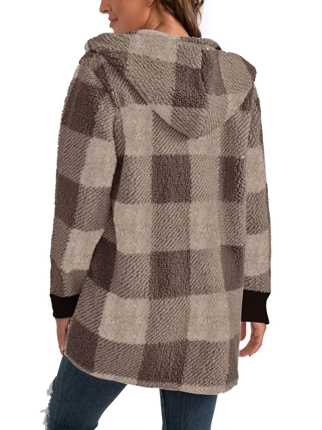 Plaid Long Sleeve Hooded Coat - Delanoir