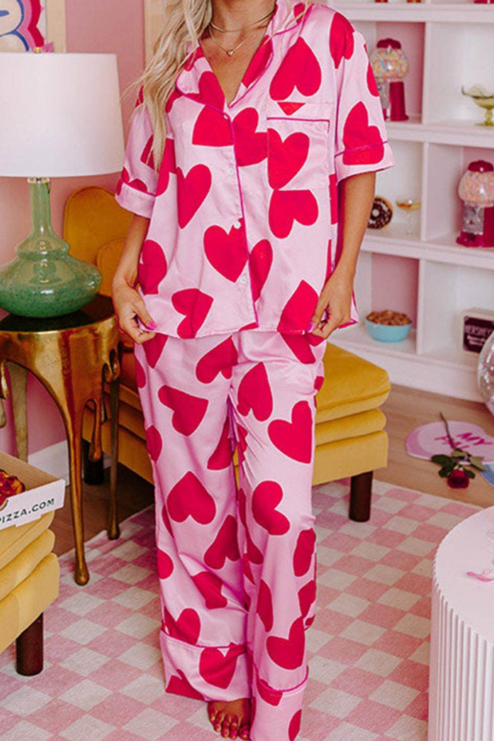 Heart Collared Neck Short Sleeve Top and Pants Lounge Set - Delanoir