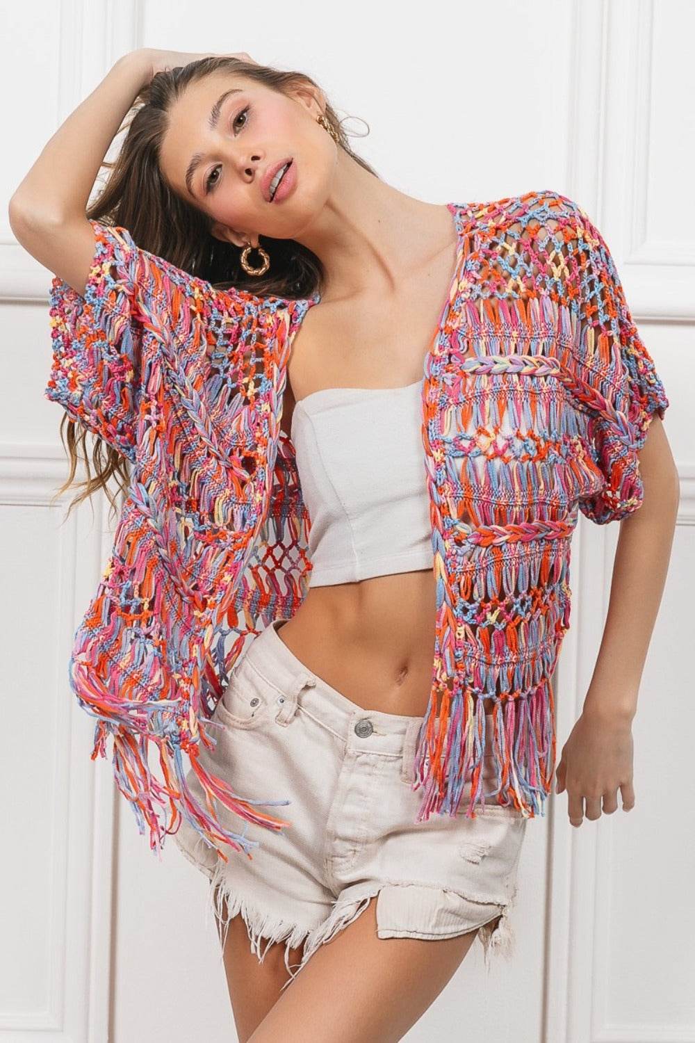 BiBi Open Front Fringed Crop Knit Cardigan - Delanoir